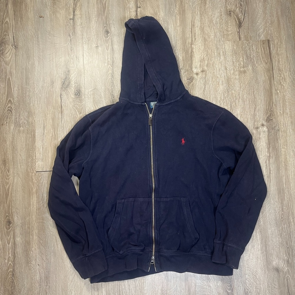 VTG Polo Ralph Lauren Hoodie Mens XL Blue Navy Full Zip 100%‎ Cotton Sweatshirt